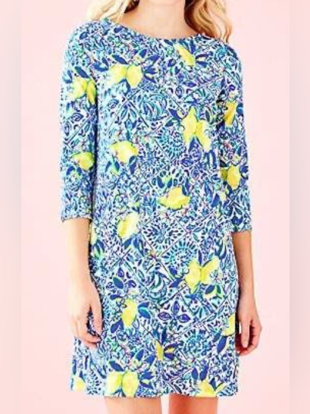 Lilly Pulitzer Blue, Yellow & White Lemon Tile Print Long Sleeve Dress
